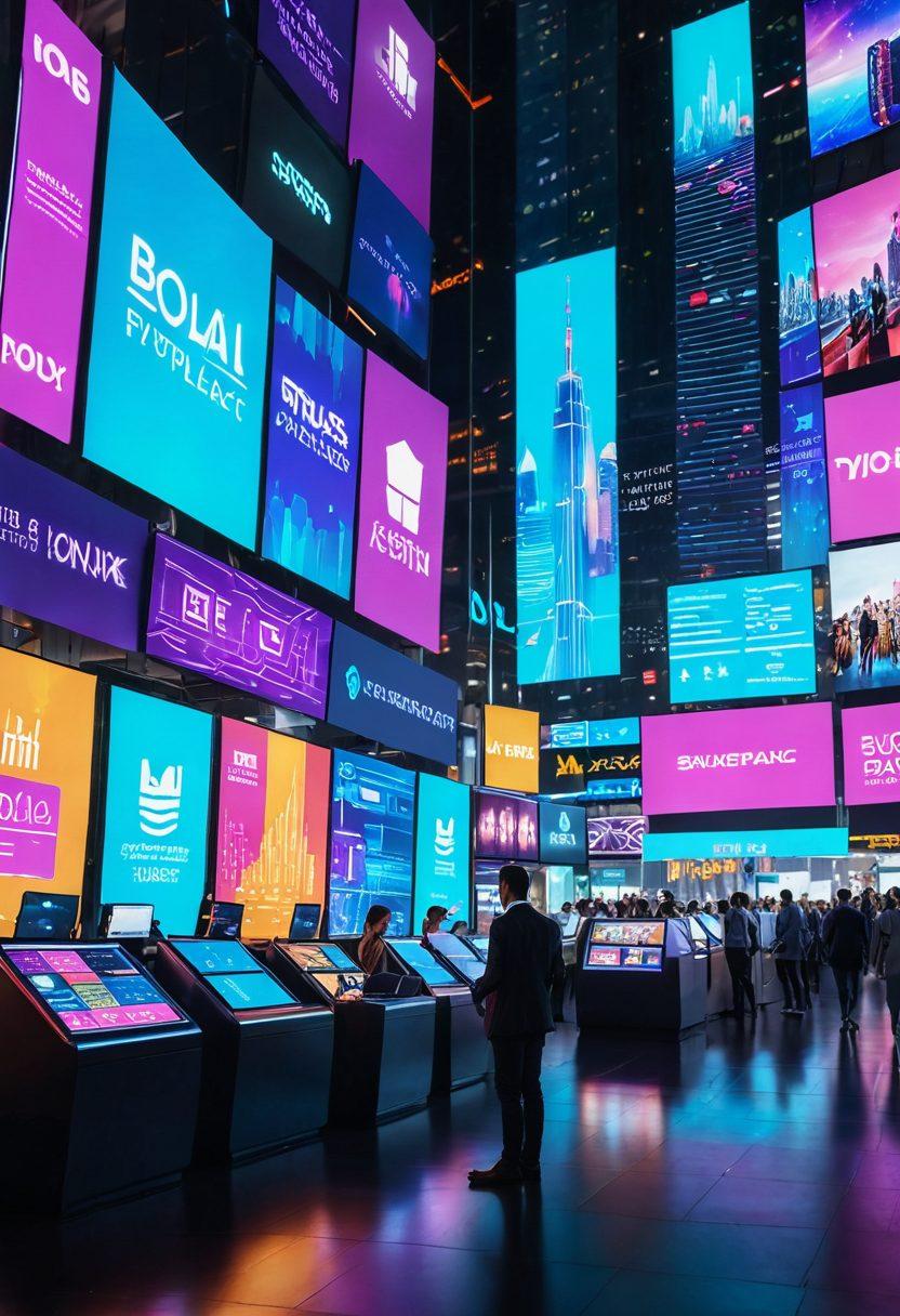 A futuristic digital marketplace with a diverse range of people trading stocks, buying various products, and using smart devices. The scene is bustling with holographic screens displaying real-time data, colorful graphs, and icons of global currencies. In the background, there are towering buildings with neon advertisements for e-commerce platforms. The atmosphere is dynamic and vibrant. super-realistic. vibrant colors. 3D.